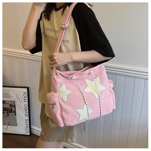 Image of Y2K Star Hobo Bag for Women - Corduroy Drawstring Crossbody Bag, Aesthetic Travel Shoulder Tote (Pink)