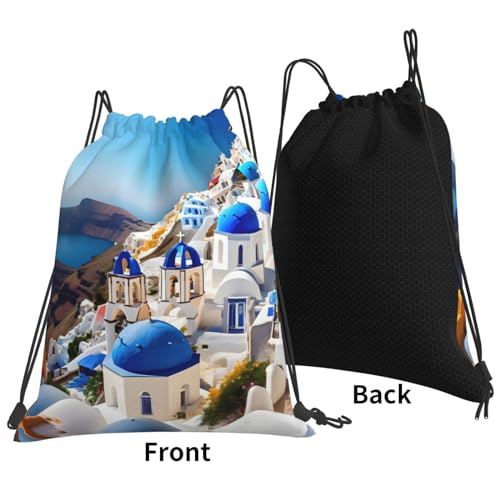 Santorini Greek Island sea View print Casual drawstring backpack, lightweight and portable, fit for daily, sports and travel3