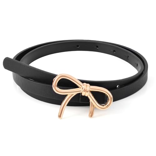 Gold Bow Belt Women, Elastic Leather Skinny Waist Thin Adjustable Belt for Ladies Dresses Jeans & Pants