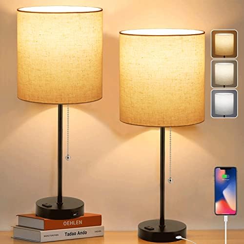 Dott Arts USB Bedside Table Lamp, 2700K-5000K Nightstand Lamp with Pull Chain, Table Lamp Set of 2 with USB Port & AC Outlet, Lamps for Bedrooms Living Room, 2 Bulbs Included,Beige Shade,2PK,Black