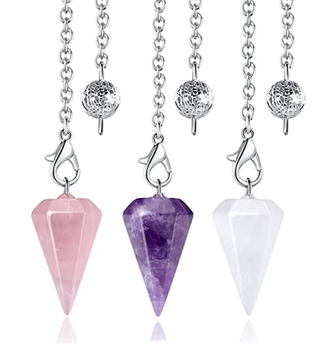 DUQGUHO 3 Pcs Crystal Pendulums Amethyst Rose Quartz Clear Quartz Crystal Pendulum Dowsing Pendant Reiki Healing Witchcraft Meditation Natural Quartz Gemstone Pendants Wiccan Gifts