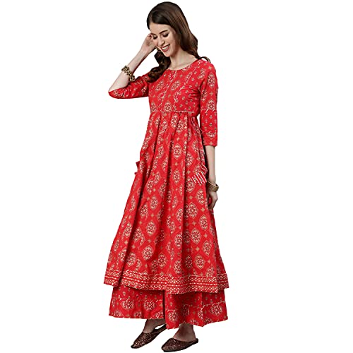 Image of ishin Women's Pure Cotton Red Embroidered Gotta Patti Anarkali Kurta set With Trouser and Dupatta