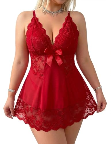 Image of Alrovetoney Women Plus Size Babydoll Lingerie Lace Chemise Mesh Sleepwear Strappy Sexy Nightgown Boudoir Outfit L-4XL