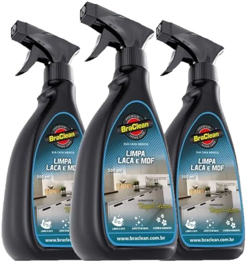 Kit 3 Limpa Laca e MDF, Limpador para Móveis e Superfícies, Remove Sujeira e Marcas, Uso Doméstico, 3x500ml