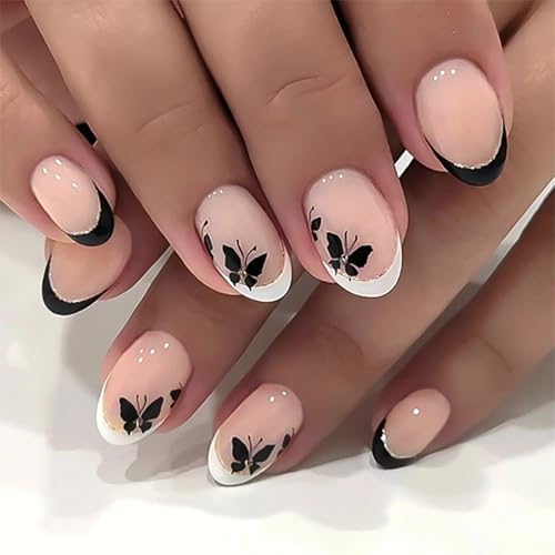 Image of Secret Lives Round Nail Art - White-Edged Press-On Nails with Black Butterfly Accents, Reusable Elegant Set, Lightweight Fit for Daily Style, Events, Parties, Travel, and Gifting