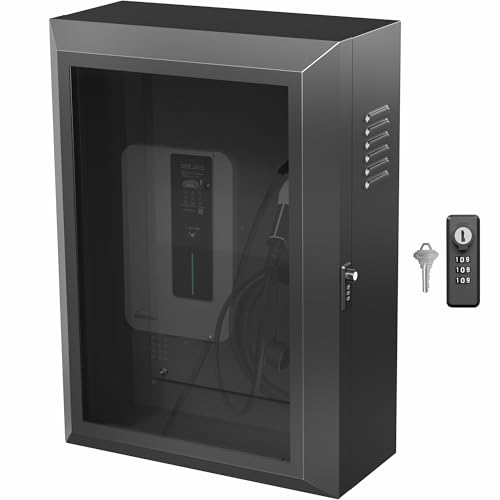 VIVO Wall-Mounted EV Charger Protective Box with Safety Padlock Tempered Glass Front Panel Heavy Duty Outdoor Charging Case Black Mount-EVCG1