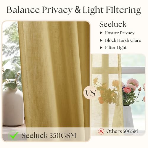 Image of Mustard Yellow Pinch Pleated Semi Sheer Linen Curtains 90 Inch for Bedroom | Living Room, Drapes, Light Filtering Privacy, Flax Textured, Hook Rings Memory Shape, Modern Boho, Golden Ochre, 90 inch Long
