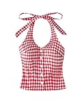 Milumia Women's Gingham Plaid Halter Top Tie Backless Sleeveless Button Front Crop Tank Tops Red and White Large