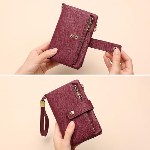 Image of SENDEFN Small Wallet for Women Leather RFID Blocking Wristlet Wallet Credit Card Holder with Double Zipper Coin Purse Ladies Bifold Purse (Wine Red)