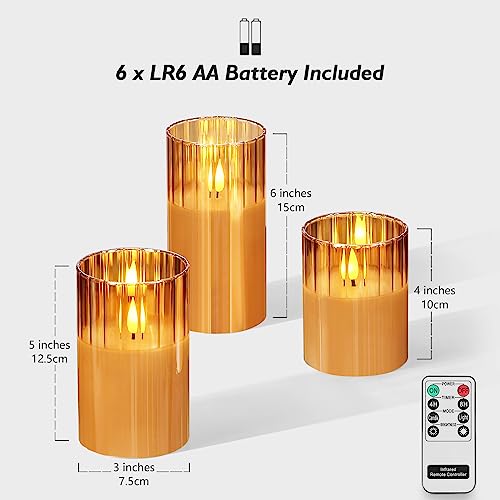 Image of Rhytsing Gold Ribbed Glass Battery Operated LED Candles with Remote, Flameless Candle Gift Set with Timer, Warm White Light- Include 6 Batteries - Set of 3