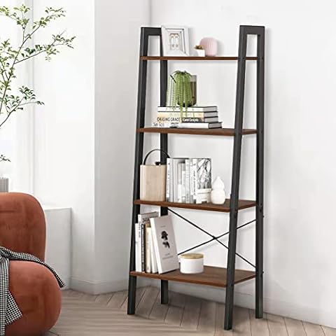 TinyTimes 4-Tier Bookshelf, w/ Open Shelf for Storage Ladder Shelf, Industrial Bookcases, Freestanding Display Plant Shelves with Metal Frame for Living Room, - Brown Cover