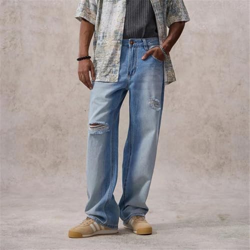 Men Summer Wide Leg Straight Distressed Jeans Hollow Out Holes Frayed Male Baggy Ripped Jeans4