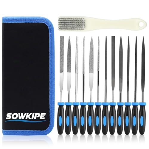 SOWKIPE 13Pcs Premium Small File Set, 6 Diamond Files, 6 Steel Files, Cleaning Brush & Carrying Case for Wood, Plastic, Jewelry, Leather, DIY