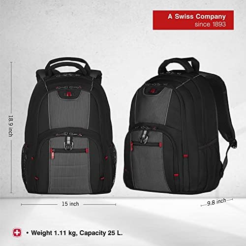 Wenger 600633 PILLAR 16 Inch Laptop Backpack, Triple Protect Compartment with Case-Stabilising Platform in Black/Grey {25 Litre}