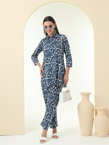 Image of Tissu Women's Plus Size Pure Cotton Grey Floral Tunic with Palazzo Co-ords
