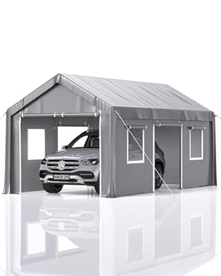 GarveeLife 10 x 20 ft Carport Heavy Duty, Portable Garage with 4 Roll-up Doors, 4 Mesh Windows, 180 g PE Tarps, and 8 x 1.0 mm Poles, for Full-Size Pickups, Bass Boats, and SUVs, Gray