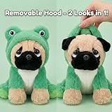 JoyAmigo Frog Pug Stuffed Animal 10 Inch, Soft Plush Dog Toy with Adjustable Hood, Ugly Cute Puppy Figure for Kids Girls Boys, Green Froggy Bedtime Companion & Birthday Gifts for Pug Lovers