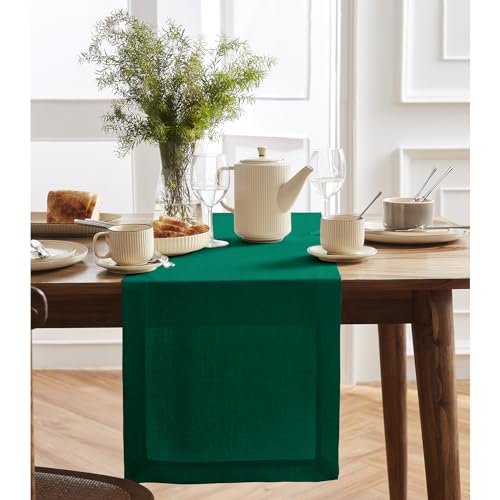 Solino Home 100% Pure Linen Table Runner Dark Green Long, Sonoma 14 x 90 in