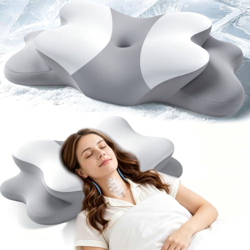 Sleep Apnea Pillow with Neck Pain & Snoring Relief -Orthopedic Cervical Pillow,Ergonomic Contour Memory Foam Pillow for Side, Back,Stomach,Dreamers,Medium Firm (Greywhite, Queen Size)