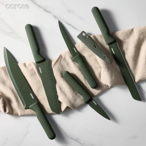 Image of CAROTE 49pcs Nonstick Cookware Set, Pots and Pans Set with Bakeware | Cooking Set with Silicone Lids, Ultra Durable, Easy Clean, Induction Compatible, Even Heating, with Knife Set, Green