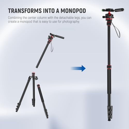 Image of NEEWER BASICS Camera Tripod Monopod, 77 inch Compact Lightweight Travel DSLR Video Stand 360 Ball Head, Arca Type QR Plate, Reversible Legs, Inverted Central Axis & 2 Cleaning Cloths, 13lb Max Load, TP08