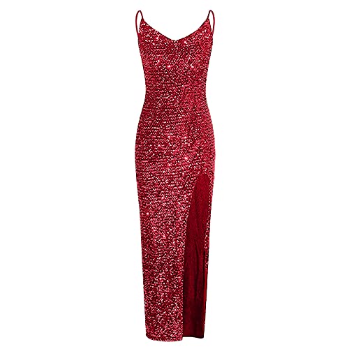 Narhbrg Women's Sequin Maxi Dresses Spaghetti Strap Deep V Neck Gowns Red #TOP19