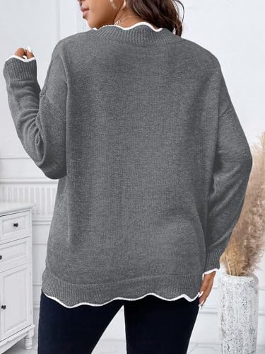 Image of MAKEMECHIC Women's Plus Size Long Sleeve Sweaters Scalloped V Neck Knit Cozy Sweater Pullover