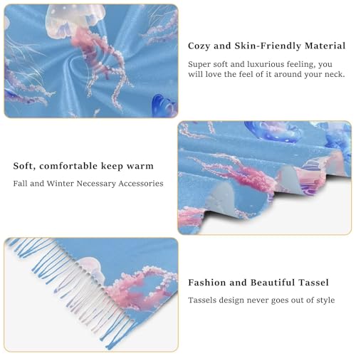 ALAZA Women's Scarves Winter Scarf Cashmere Feel Pashmina Shawls Wraps Jellyfish Blue Soft Warm Lightweight with Tassels Fall3