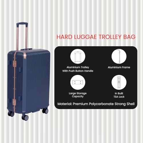 Image of SWISS MILITARY Polycarbonate Hamilton 4 Wheels 75cm Trolley Luggage, Hard Case 360 Rotatable Wheels, Zipper Less, TSA Lock, Aluminium Frame & Push Button Trolley Suitcase for Travel, Large Navy 123L