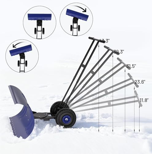 36-Inch Adjustable Wheeled Snow Plow with Ergonomic Handle for Efficient Snow Removal - Heavy-Duty Black Snow Shovel for Driveways and Walkways