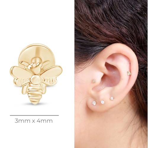 14K Solid Gold Cute Bumblebee Flat Back Stud Earring Internally Threaded Cartilage Earring for Helix, Tragus & Lobe Nose Ring Hypoallergenic Comfy Minimalist Stud Earring SINGLE or PAIR2
