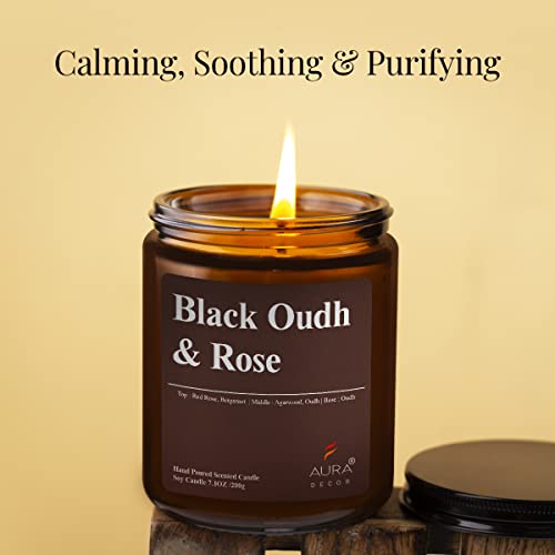 Image of AuraDecor Scented Jar Candle | Handpoured Soy Wax Candle with Long Lasting Burn Time | Premium Amber Jar Aromatherapy Candle | Ideal Gift for Home & Decor (Extra Large, Black Oudh & Rose)