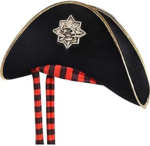 Side view of the Skull and Bones Pirate Hat, showing the black velour, gold trim, and skull emblem from an angle.