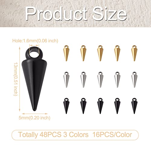 Spritewelry 48Pcs Cone Charms 304 Stainless Steel Spike Pendants 3 Colors Bullet Spike Beads Charms Metal Dangle Charms For Diy Necklace Bracelet Earring Jewelry Making (13X5Mm) #TOP1
