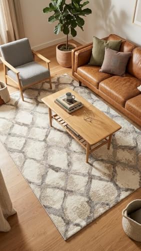 Image of 8x11 Feet (240x340 CM) Carpet for Living Room Hall & Drawing Room - Ivory Multi Diamond Modern Abstract Geometric Silk-Touch Luxury Hotel-Style Washable Anti-Skid Turkish Area Rug