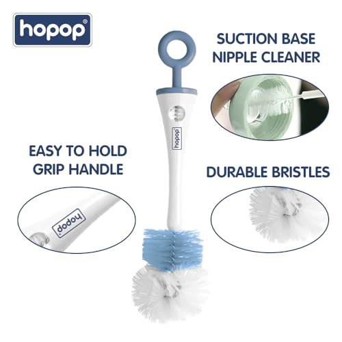 Image of Hopop Baby Feeding Bottle Cleaning Brush & Nipple Cleaner | 2 in 1 Flexible Bristle Bottle Brush| Grooved Handle with Easy Hanging Storage | Easy to Clean Narrow & Wide Neck Feeding Bottles |Blue