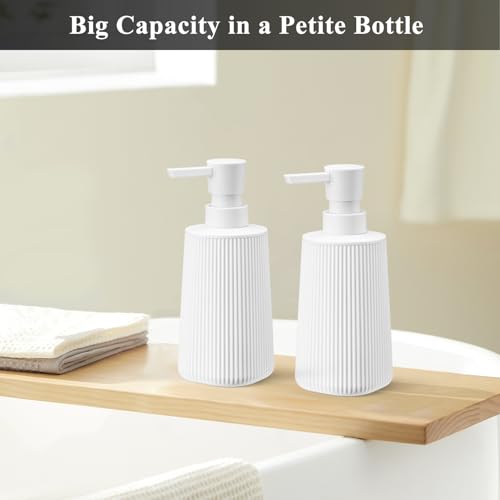 Image of White Hand Soap Dispenser with No Rust Pump for Bathroom and Kitchen Countertops Refillable Striped Matte Plastic 8.5 oz