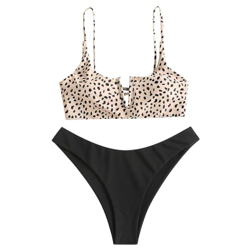 ZAFUL Women's Leopard Bikini Set V Wired Animal Print Ribbed Colorblock Swimsuit High Cut Two Piece Swimwear