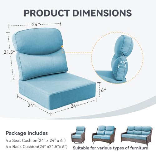 Image of Outdoor Cushion Set for Patio Furniture, UV Resistant, Water Resistant - 6 Inch Thick Dual Layer Back Support Cushions- 24x24 Inch Patio Seat Covers for Chair /Sofa /Couch | Light Blue | 4-Pack |