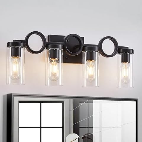 SADENICEL 4 Light Bathroom Vanity Light Fixtures, Modern Matte Black Vanity Lights Over Mirror with Clear Glass Shade, Wall Sconces Light for Bedroom Living Room Kitchen Cover