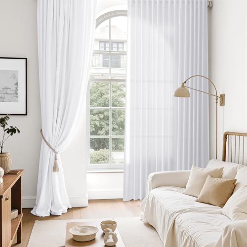 Image of Nanspring Extra Long Linen Curtains 120 Inch for Living Room Snow White