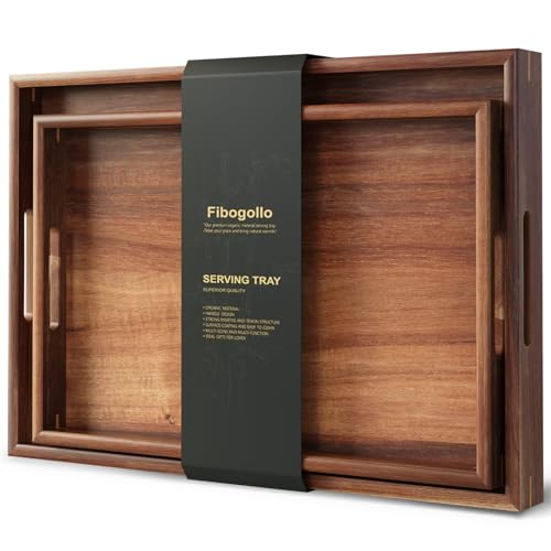 Fibogollo Set of 2 Acacia Wood Serving Tray with Handles,Decorative Trays Platter,Breakfast Tray in Bed,Food...