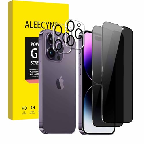ALEECYN [2+2 Piezas] Protector de Pantalla y Lente de Cámara para iPhone 14 Pro, Vidrio Templado 9H, Anti Arañazos, Anti Espía, 2 Piezas