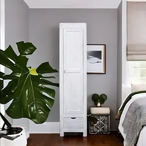 KIRAN ARTS Acacia Wood 1 Drawer & Single Door Wardrobe Single Door Wardrobe with Drawer, White, Wood