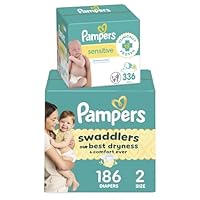 Diapers Size 2, 186 Count and Baby Wipes - Pampers Swaddlers Disposable Baby Diapers and Water Baby Wipes Sensitive Pop-Top Packs, 336 Count (Packaging May Vary)
