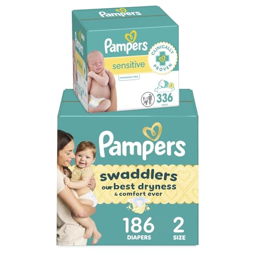 Image of Diapers Size 2, 186 Count and Baby Wipes - Pampers Swaddlers Disposable Baby Diapers and Water Baby Wipes Sensitive Pop-Top Packs, 336 Count (Packaging May Vary)