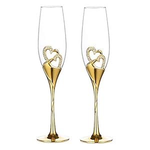 LANLONG Wedding Champagne Goblets Toasting Flute Glasses for Bride and Groom Creative Deluxe Glass Cups with Rhinestone Rimmed Heart Decoration Gift Set