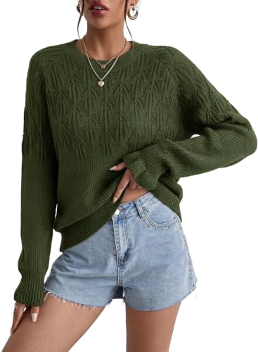 Dokotoo Womens Fall Clothes Crew Neck Long Sleeve Sweater for Winter Knit Hollow Out Casual Pullover Sweater Tops with Pattern Trendy Vacation Loose Fit Crochet Outfits Basic Blouse Vineyard Green XXL