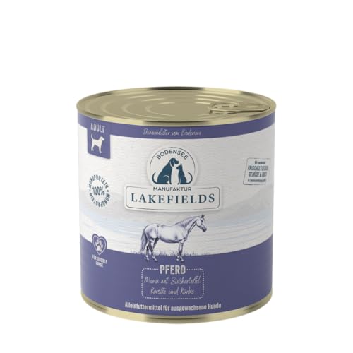 Lakefields Comida para perros de alta calidad húmeda | caballo 60% | 6 x 800 g | Comida húmeda sin cereales para perros | Ingredientes naturales de calidad alimentaria | Batatas, zanahorias y calabaza
