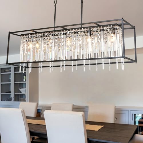 Aimluxin Modern Rectangle Black Crystal Chandeliers for Dining Room, 40" Rectangular Farmhouse Chandelier Top K9 Crystal Linear Light Fixture Lighting for Kitchen Island, Living Room L40xW12xH11